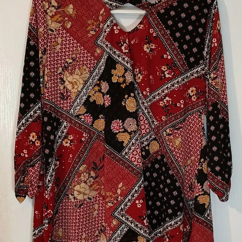 Westport/Tunic Top/Womens L/Black Wine Yellow/Patchwork Boho - Picture 2 of 8